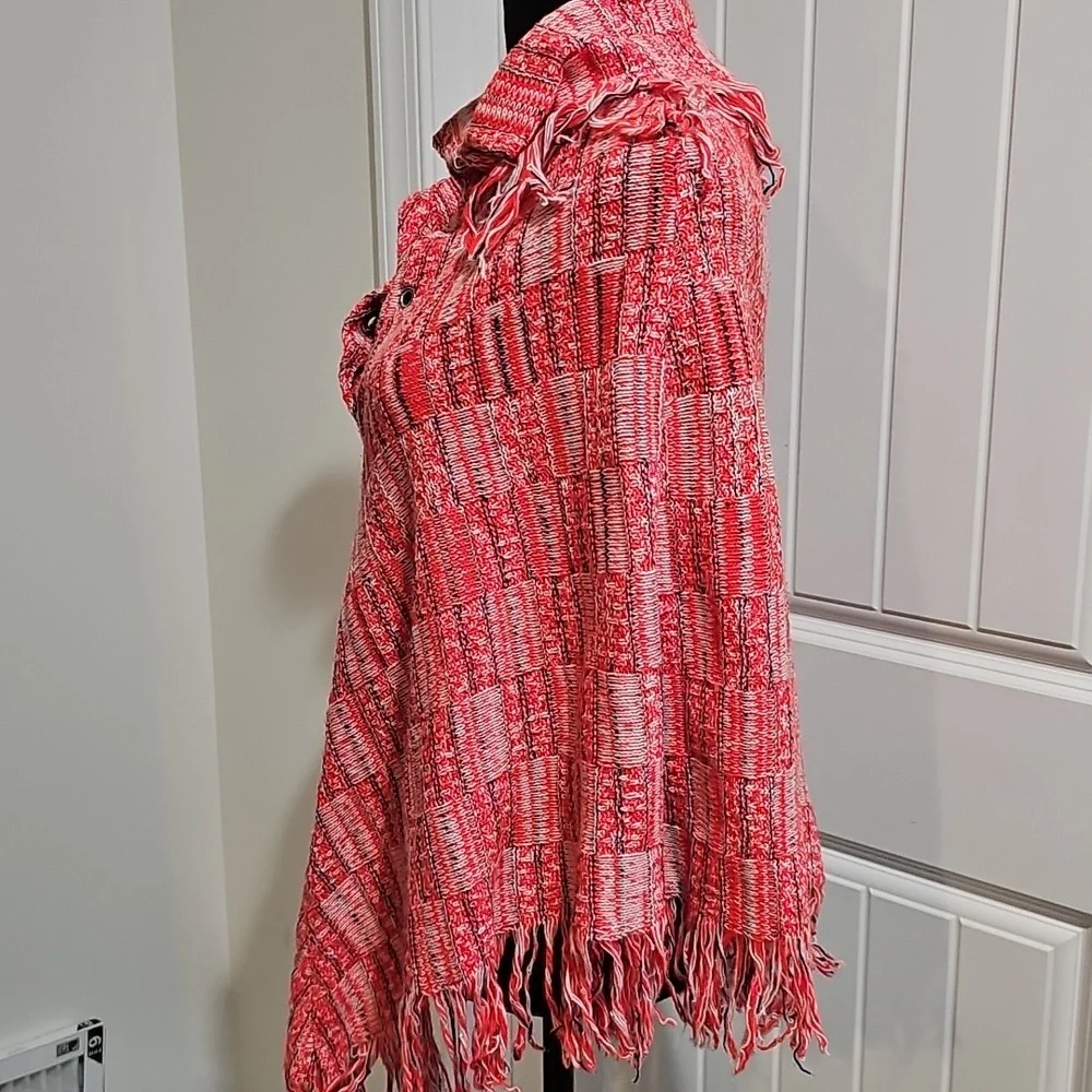Boho Orange, Black and White Fringe Poncho, Womens One Size - Picture 3 of 7